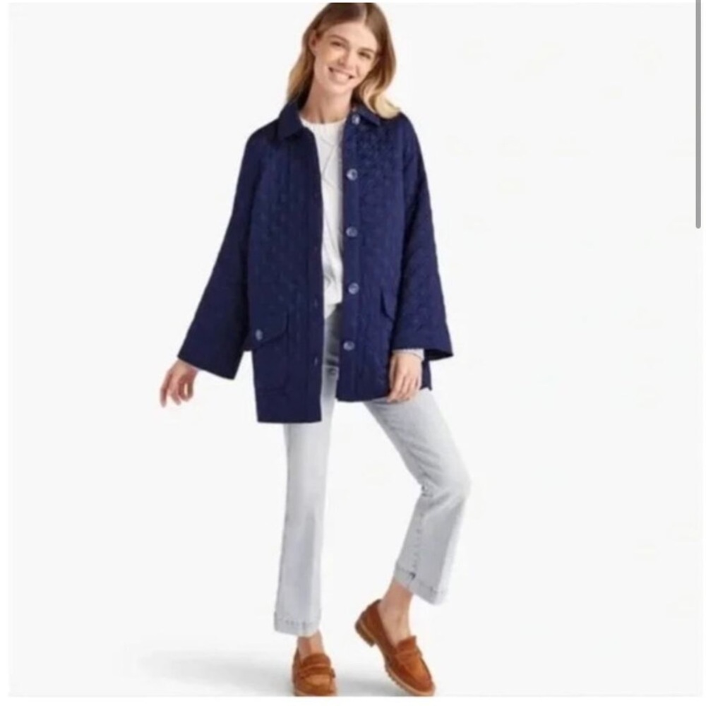 Hill House Duvet Coat Button Front Quilted Jacket in Navy Blue